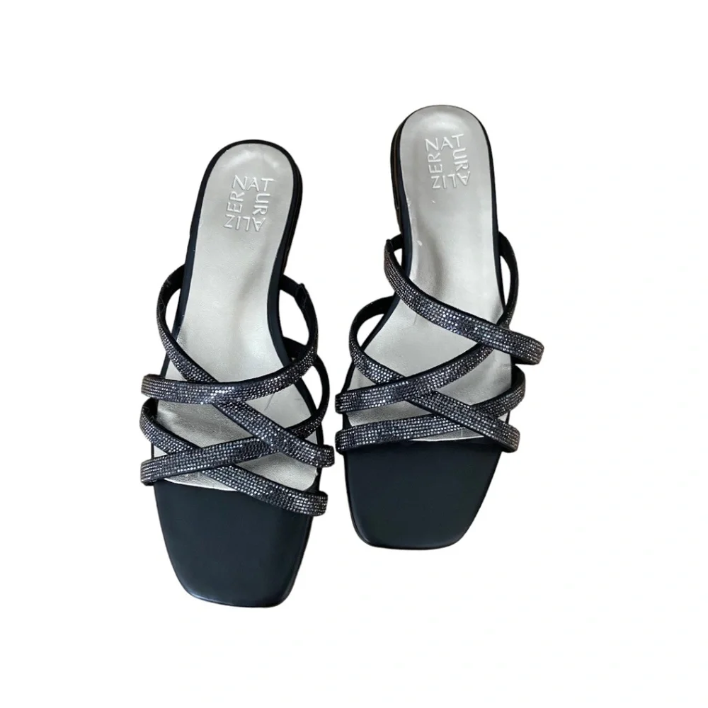 Naturalizer Black Strappy Slide Sandals with Sparkle Detail
